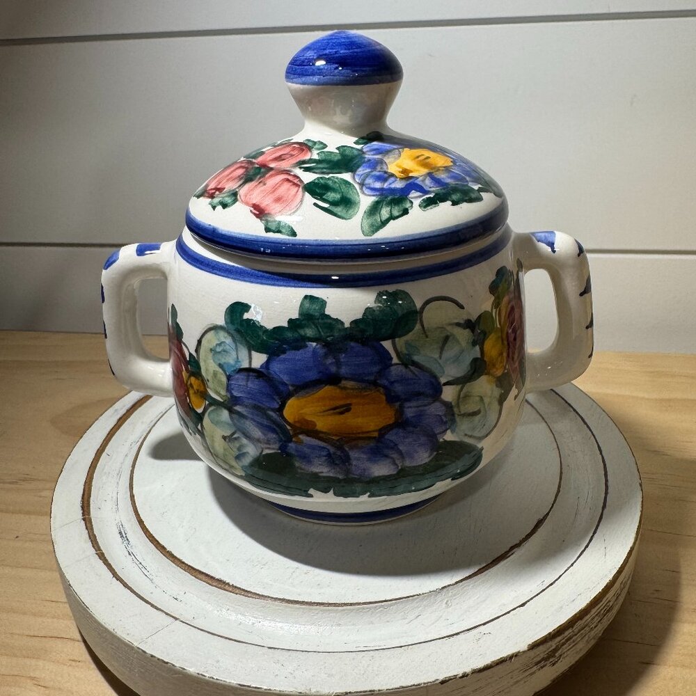 Greece Pottery Floral Lidded Canister Handles Covered Dish